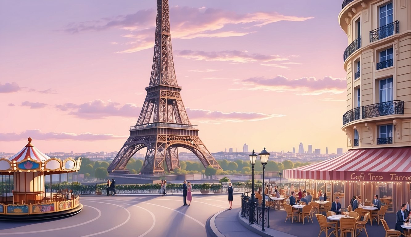 The Eiffel Tower stands tall against a pastel sunset, with a carousel spinning in the foreground and a bustling café terrace nearby