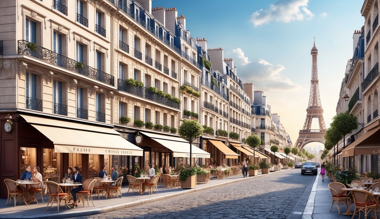 A bustling Parisian street lined with quaint cafes, elegant boutiques, and historic architecture, with the Eiffel Tower looming in the distance