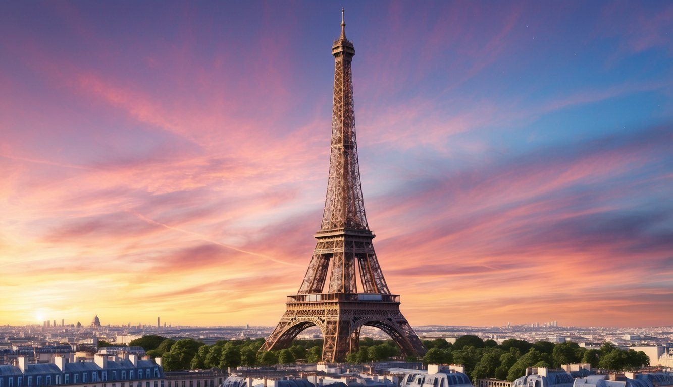 A view of the Eiffel Tower standing tall against a colorful sunset sky, with a bustling cityscape below