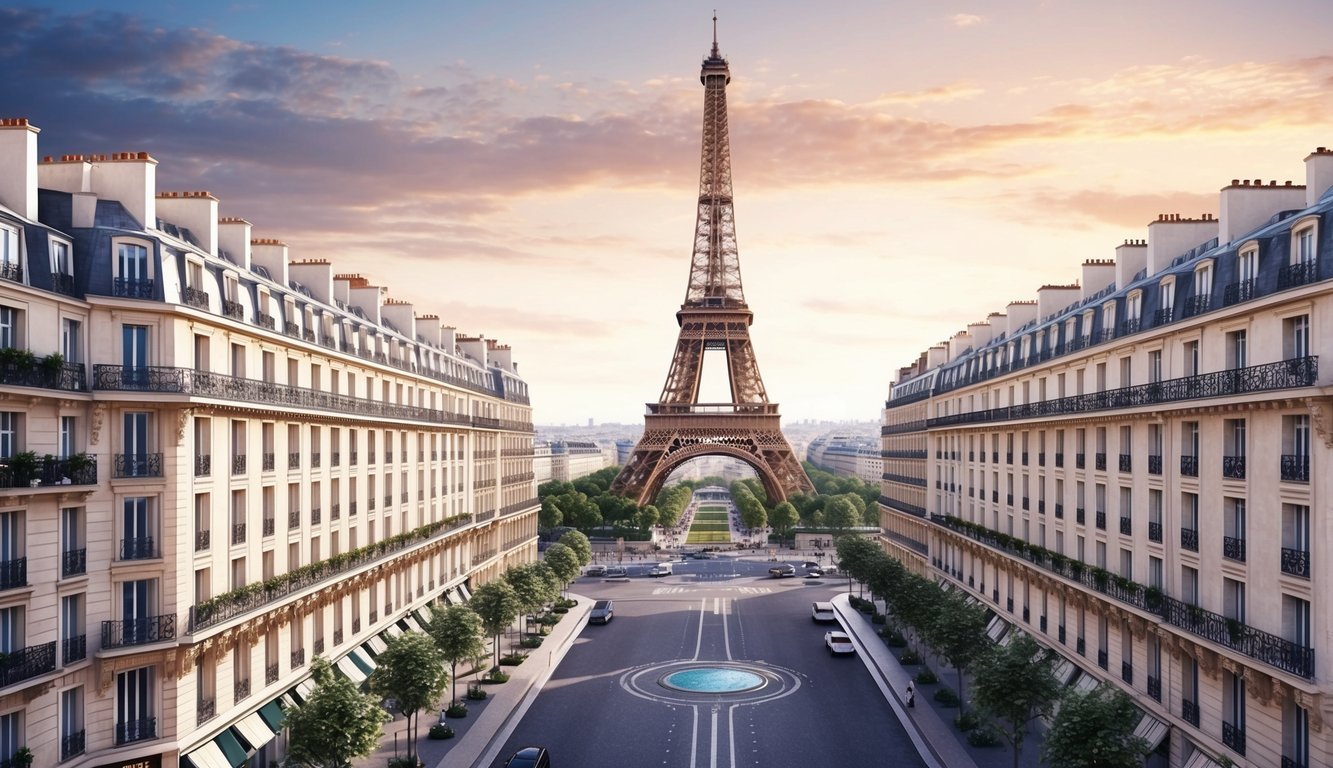 A grand view of the Eiffel Tower stands tall behind the luxurious facades of the 5-star hotels lining the streets of Paris