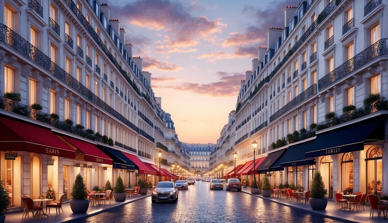 Bustling streets lined with elegant, grand hotels, surrounded by stylish cafes and boutiques, under the romantic glow of the Parisian evening