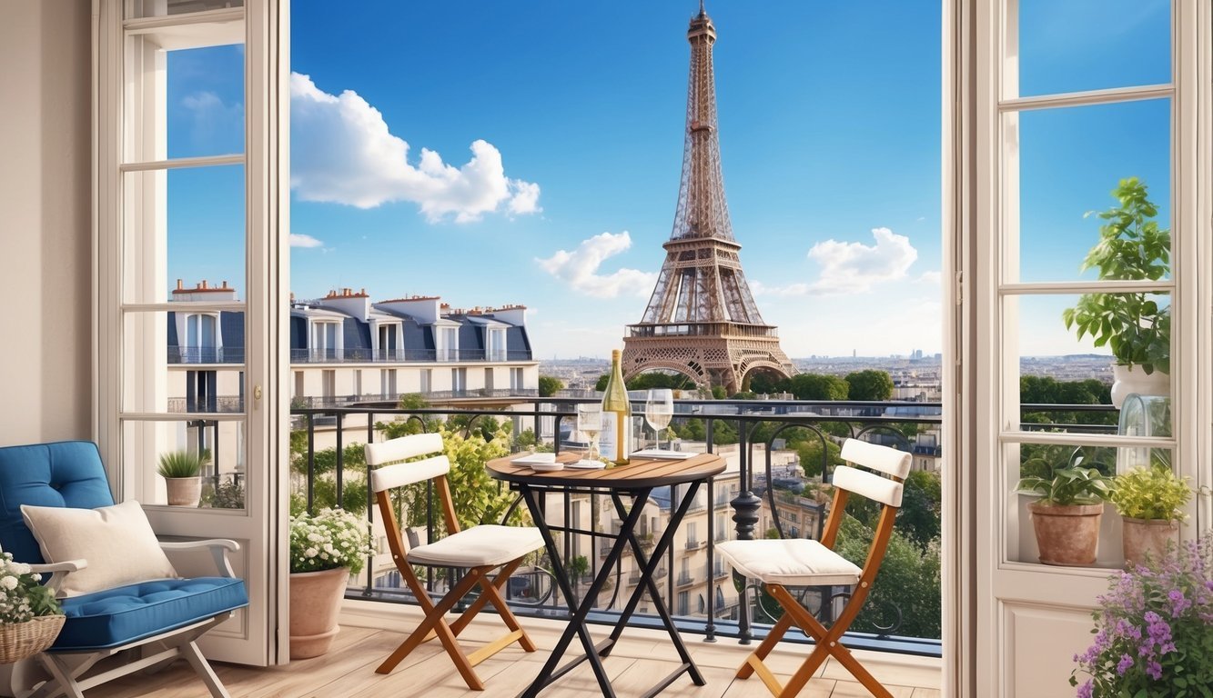A charming Parisian apartment with a view of the Eiffel Tower, cozy decor, and a balcony with a bistro table and chairs