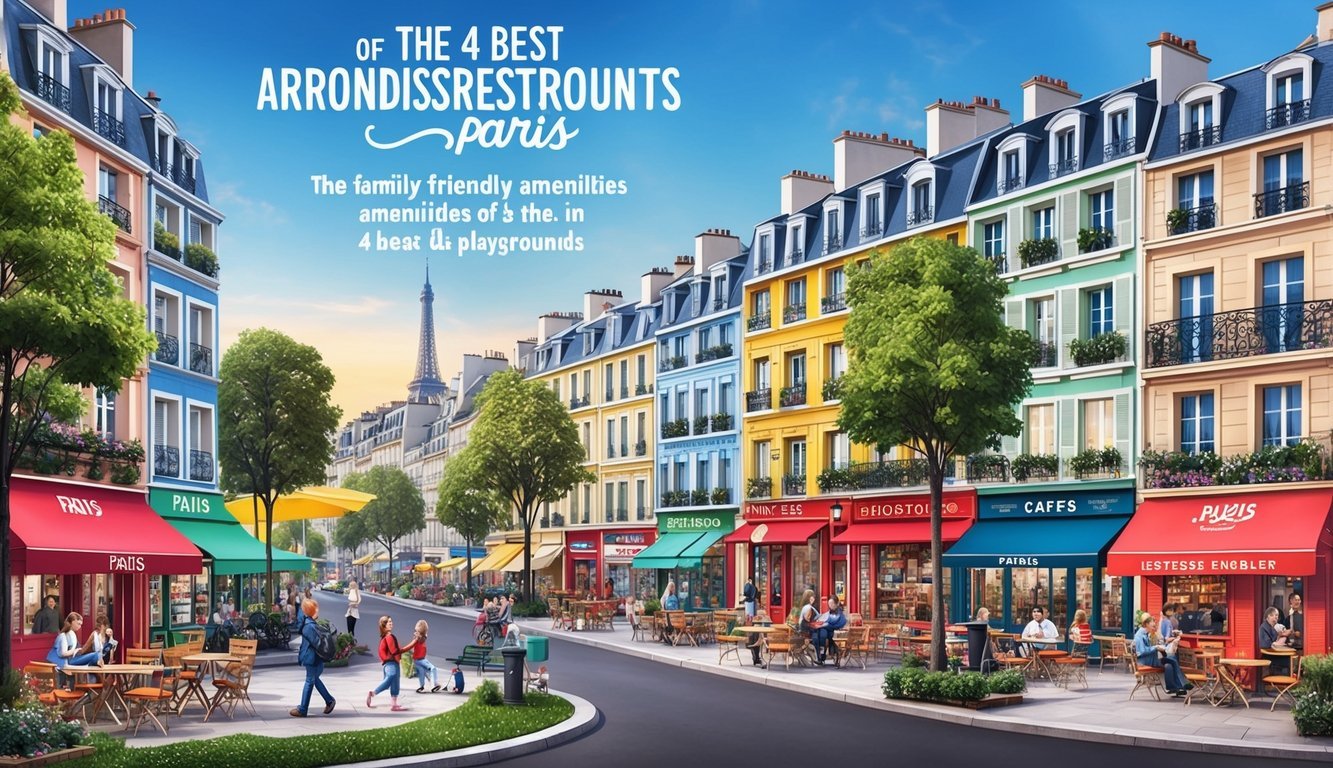A bustling street in Paris with colorful buildings, cafes, and shops, surrounded by parks and playgrounds, showcasing the family-friendly amenities of the 4 best arrondissements