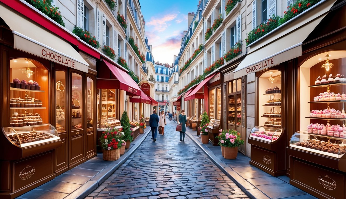 A bustling Parisian street lined with charming chocolate shops, each adorned with colorful displays of delectable treats and inviting storefronts