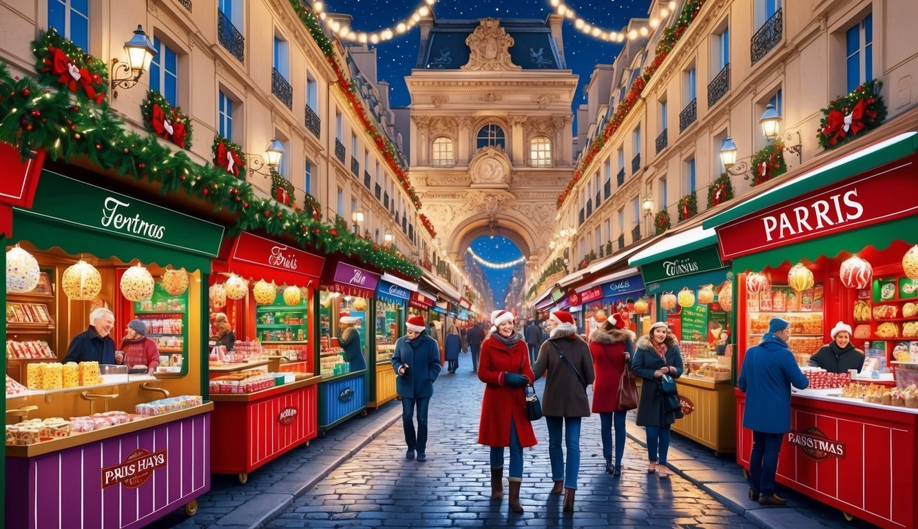 A bustling Paris Christmas market with colorful stalls selling festive treats and drinks, surrounded by twinkling lights and joyful holiday decorations