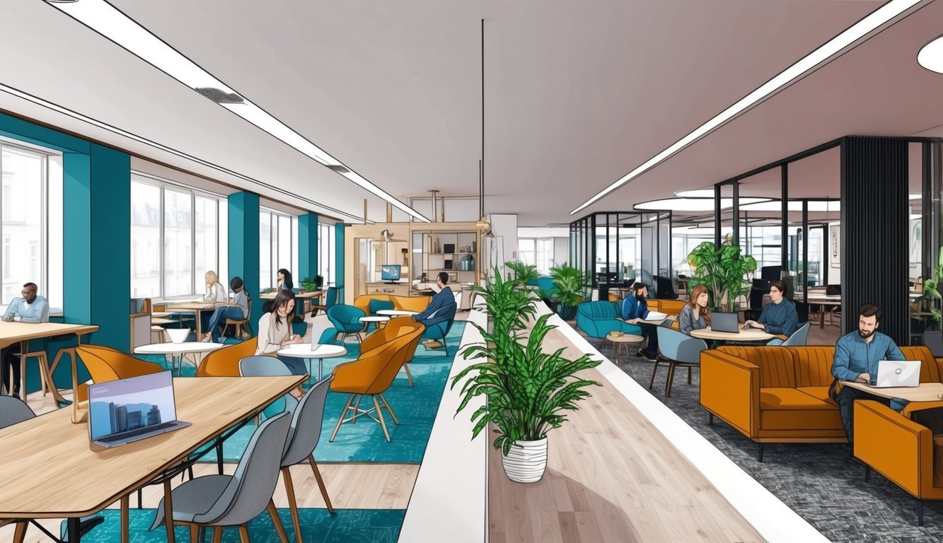 A bustling coworking space in Paris with modern decor, natural light, and a mix of communal and private work areas