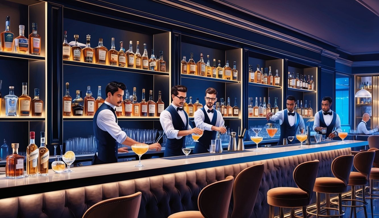 A bustling Parisian cocktail bar with dim lighting, plush seating, and a lively atmosphere.</p><p>Shelves of premium spirits line the bar, while mixologists expertly craft drinks behind it