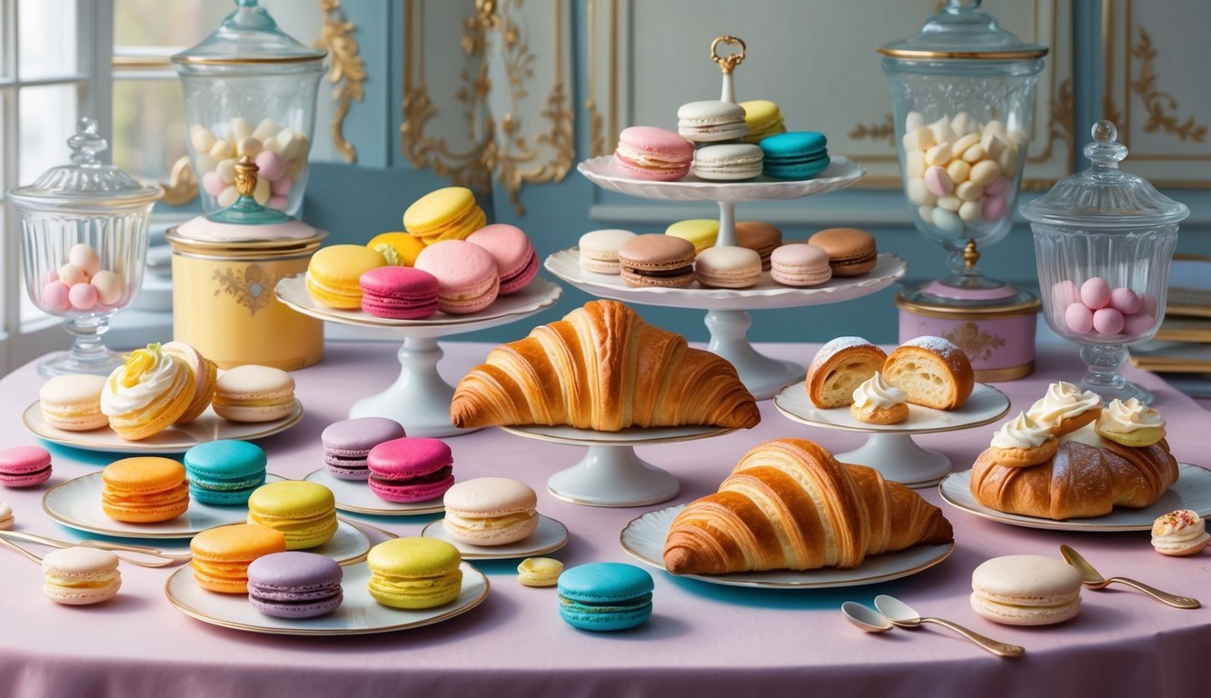 A table spread with colorful macarons, flaky croissants, and delicate éclairs, surrounded by vintage Parisian patisserie decor