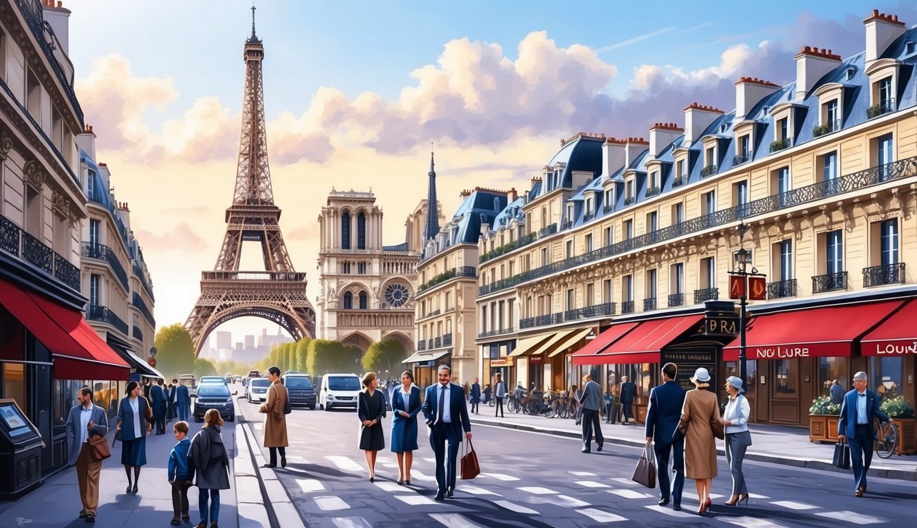 A bustling Paris street with iconic landmarks in the background, including the Eiffel Tower, Notre Dame Cathedral, and the Louvre Museum