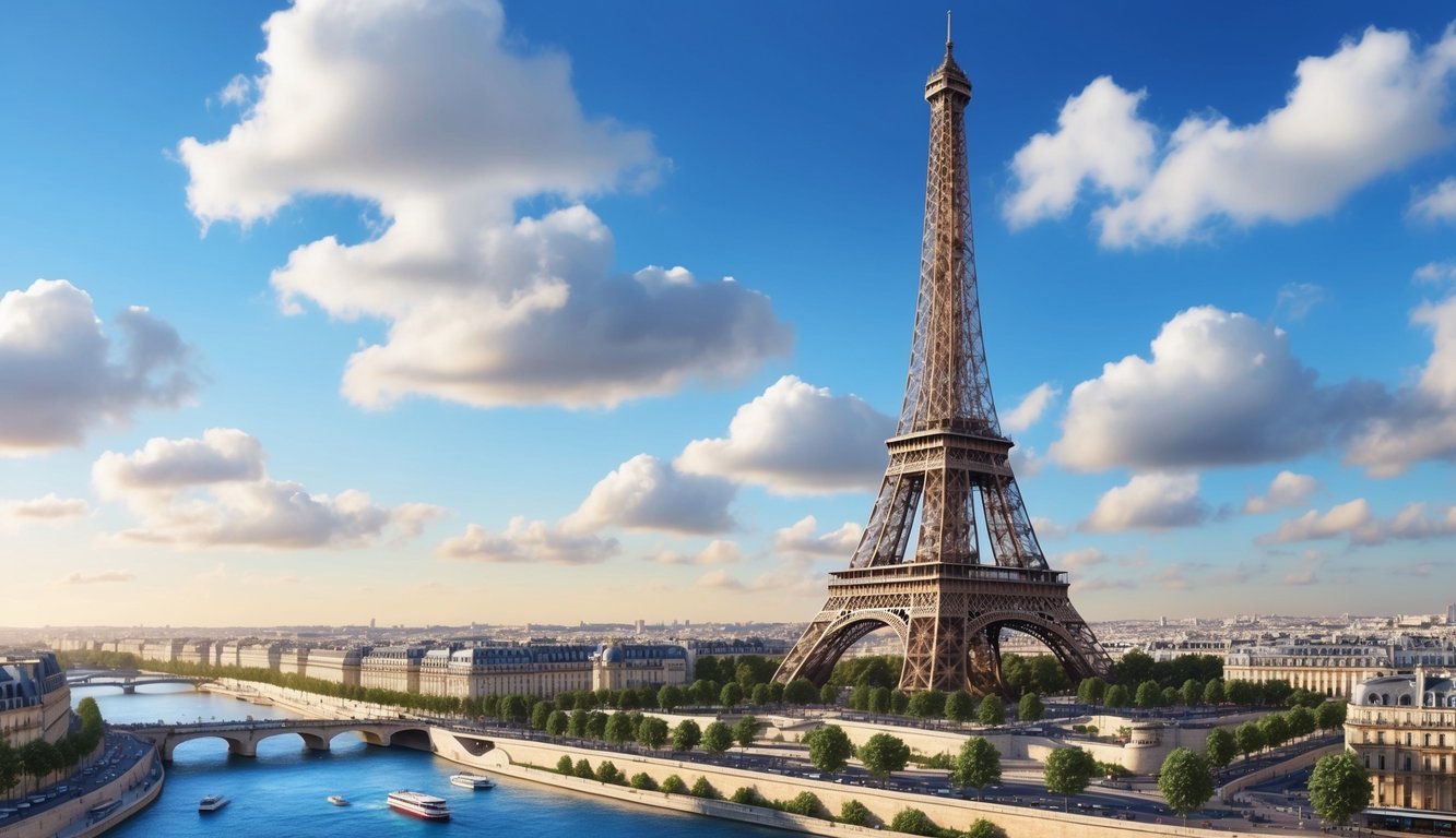 The Eiffel Tower stands tall against a backdrop of blue skies, with a bustling city below and a river winding through the historic streets of Paris