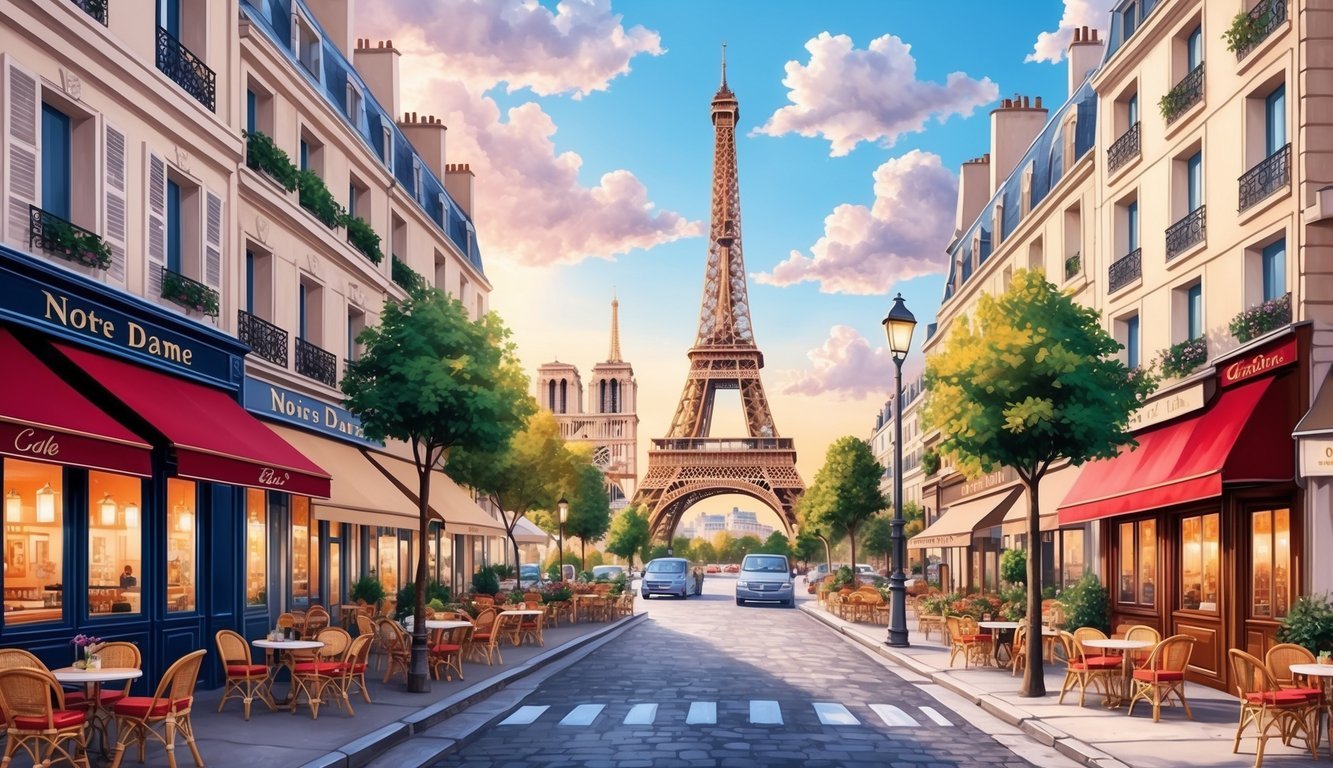 A bustling Parisian street with iconic landmarks in the background, such as the Eiffel Tower and Notre Dame Cathedral, surrounded by charming cafes and shops