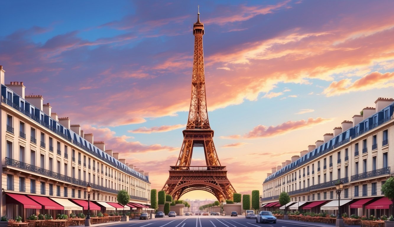 The Eiffel Tower stands tall against a colorful sunset sky, while a bustling street below is lined with quaint cafes and elegant architecture