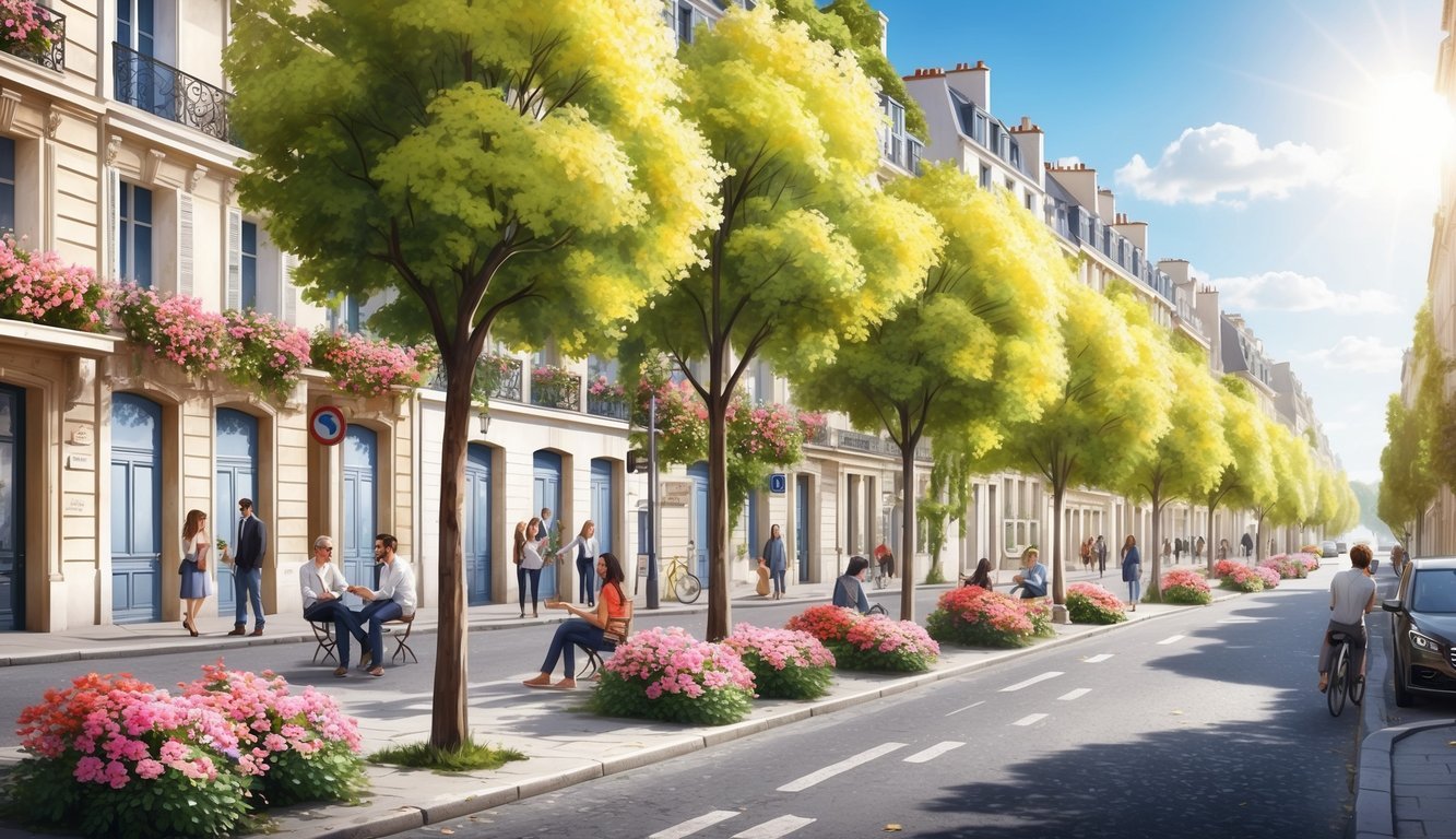 A sunny Parisian street lined with blooming flowers and people enjoying the pleasant weather