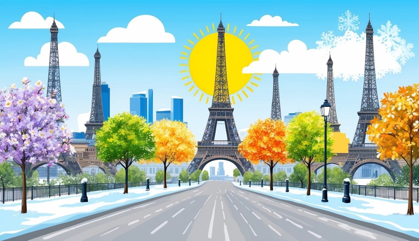 A sunny Parisian skyline with blooming flowers in spring, clear blue skies in summer, colorful foliage in autumn, and a dusting of snow in winter