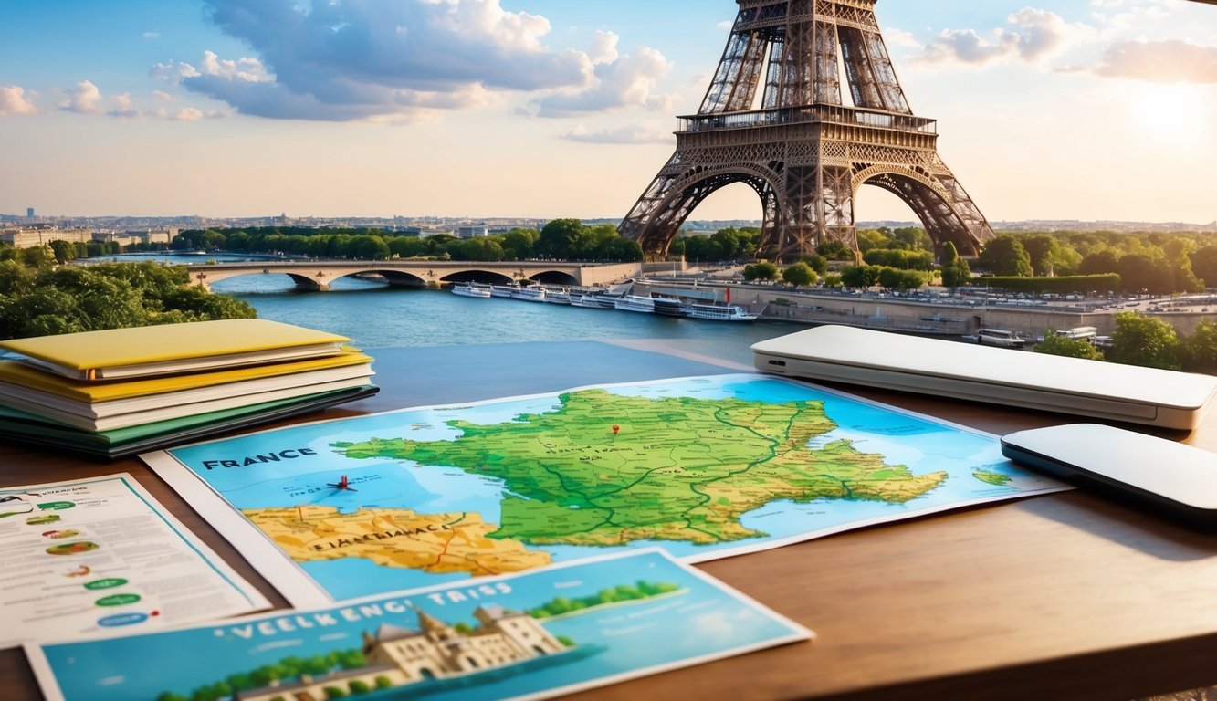 A scenic view of the Eiffel Tower with a map of France and various destinations for weekend trips spread out on a table