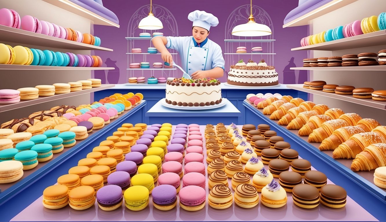 Colorful pastry display in a Parisian bakery, with rows of macarons, croissants, and tarts.</p><p>A baker decorates a cake in the background
