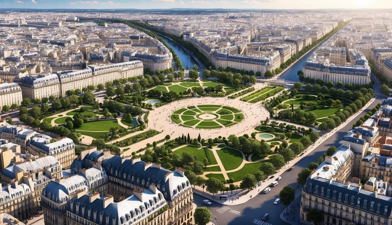 Aerial view of Paris with 7 iconic parks spread across the city, each with unique landscaping and features