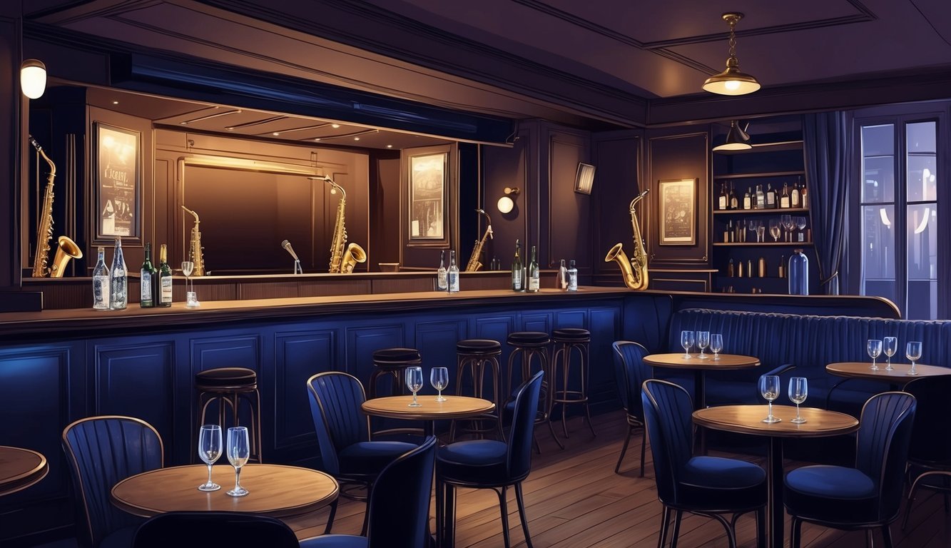 A dimly lit jazz bar in Paris, with a cozy stage and vintage decor.</p><p>The room is filled with the smooth sounds of saxophones and the clinking of glasses