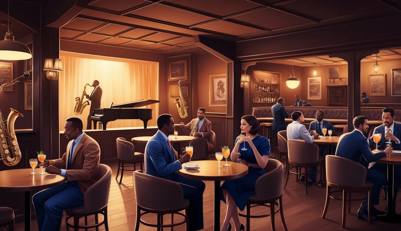 A dimly lit jazz bar with cozy tables, vintage decor, and a stage bathed in warm light.</p><p>The air is filled with the smooth sounds of saxophones and pianos, while patrons sip on cocktails and tap their feet to the rhythm