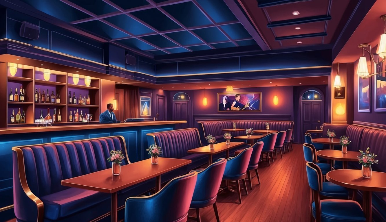A dimly lit jazz bar with cozy seating, a stage for live music, and a warm, inviting atmosphere