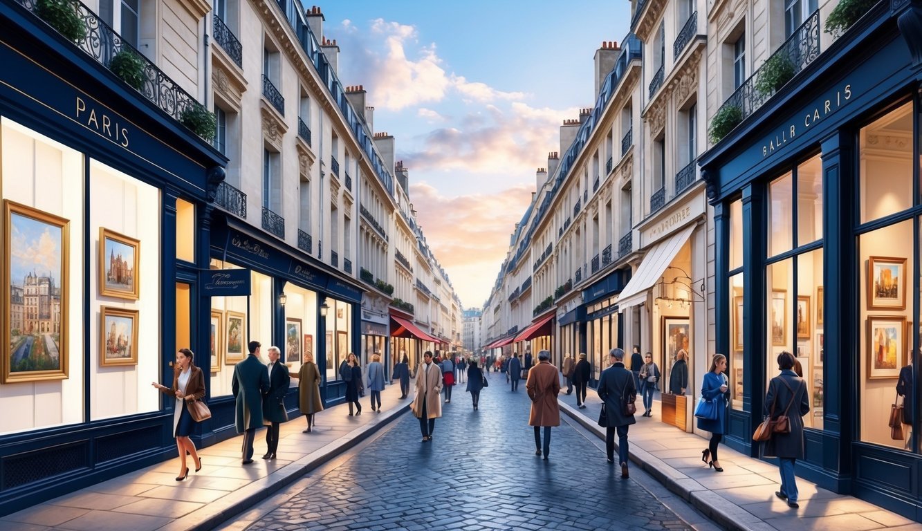 A bustling street in Paris, lined with elegant galleries and art-filled windows, surrounded by historic architecture and the sound of chatter and footsteps