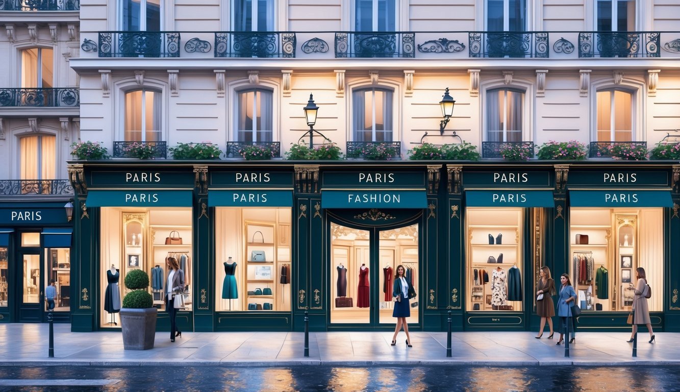 Bustling Paris streets with elegant storefronts and chic window displays showcasing the latest fashion, home goods, and design items