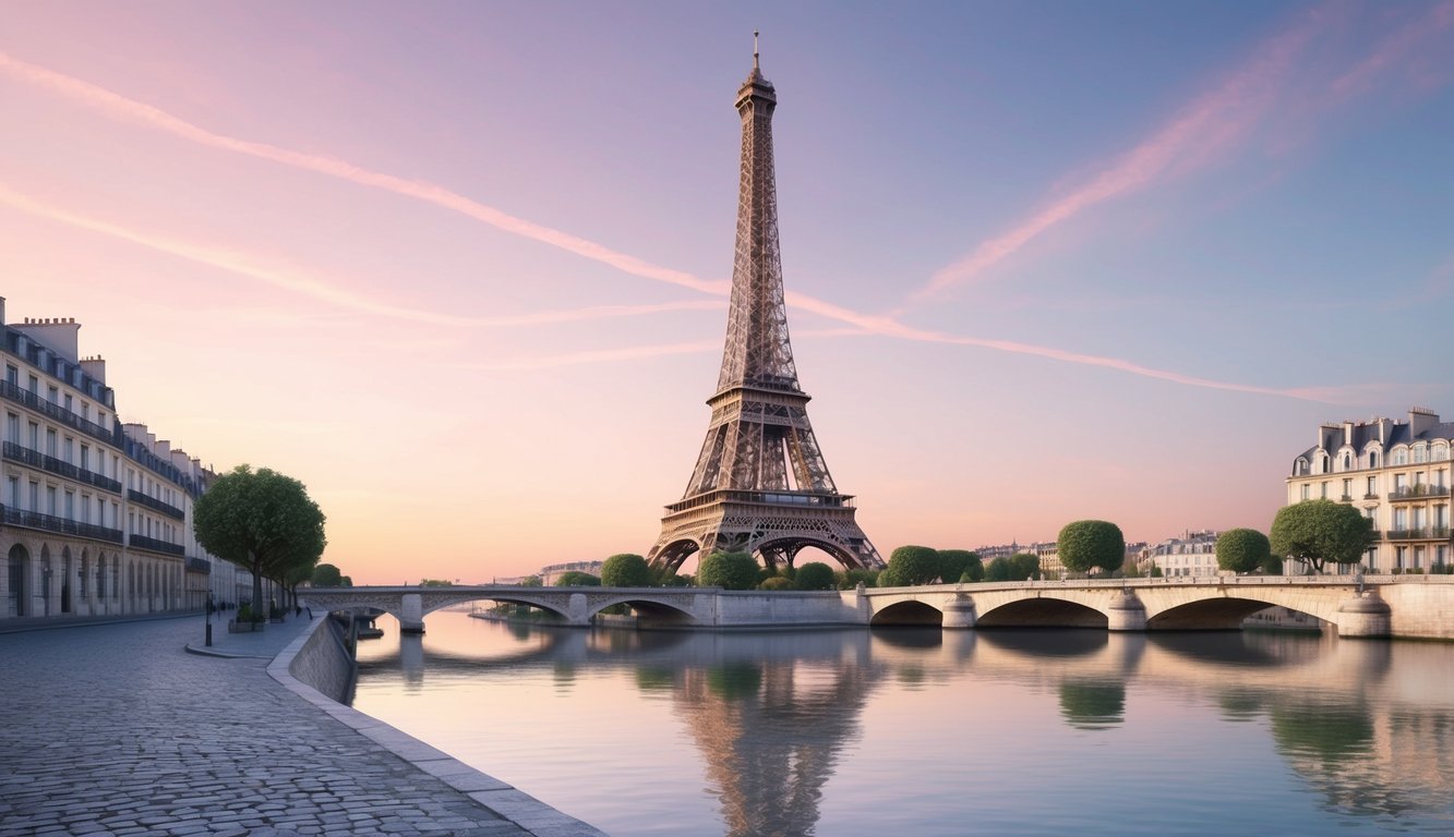 The Eiffel Tower stands tall against the pastel sunset, reflecting in the calm waters of the Seine River, surrounded by charming cobblestone streets and historic architecture