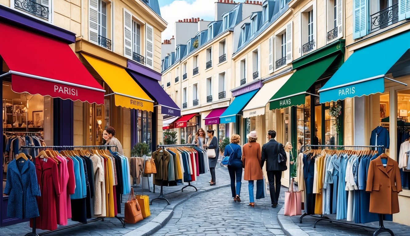 A quaint Parisian street with charming vintage storefronts and colorful awnings, bustling with shoppers browsing through racks of unique, authentic vintage clothing and accessories