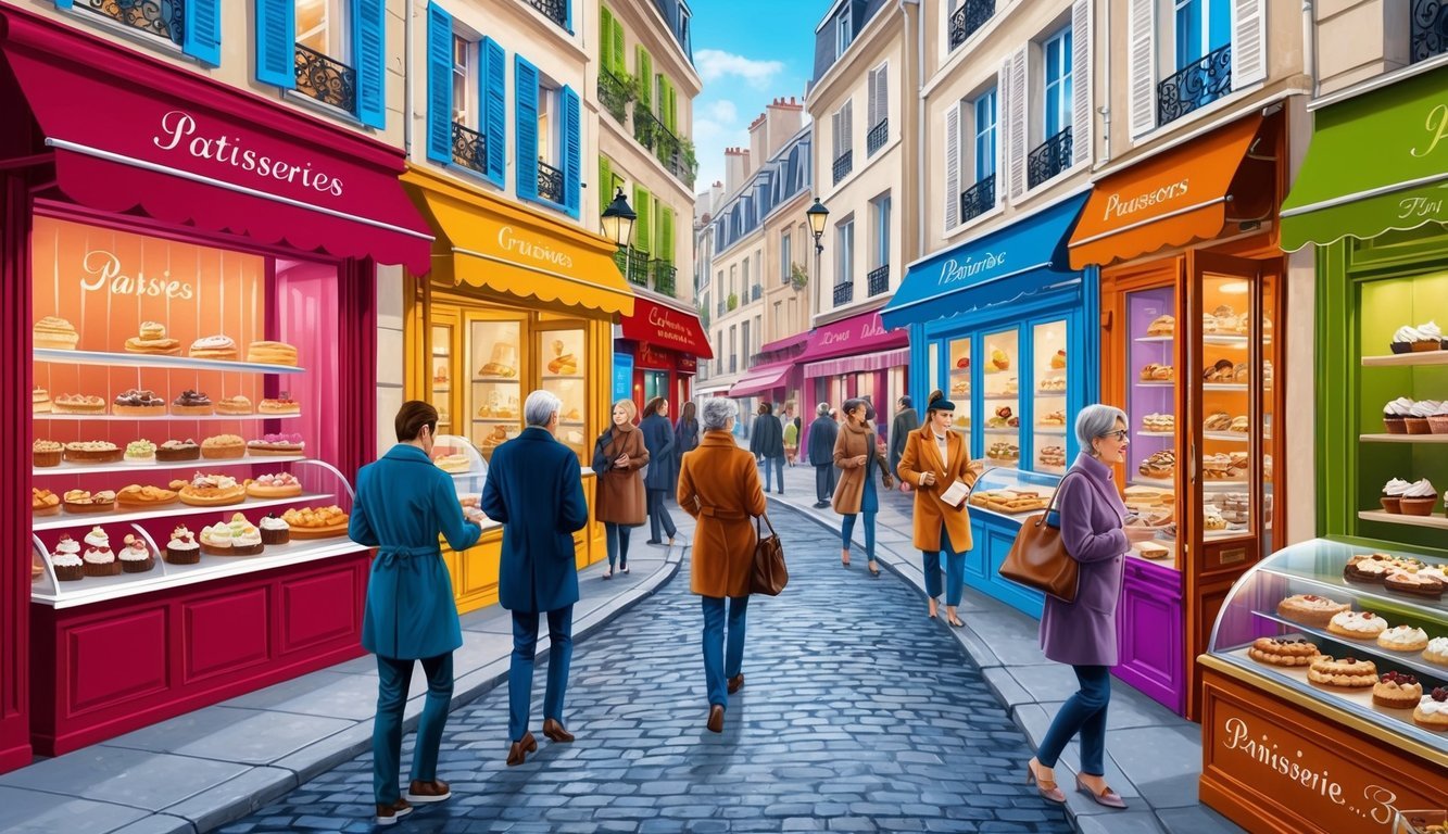 A bustling Parisian street with colorful storefronts displaying a variety of delectable pastries and desserts.</p><p>Customers are seen entering and exiting the patisseries, while the aroma of freshly baked goods fills the air