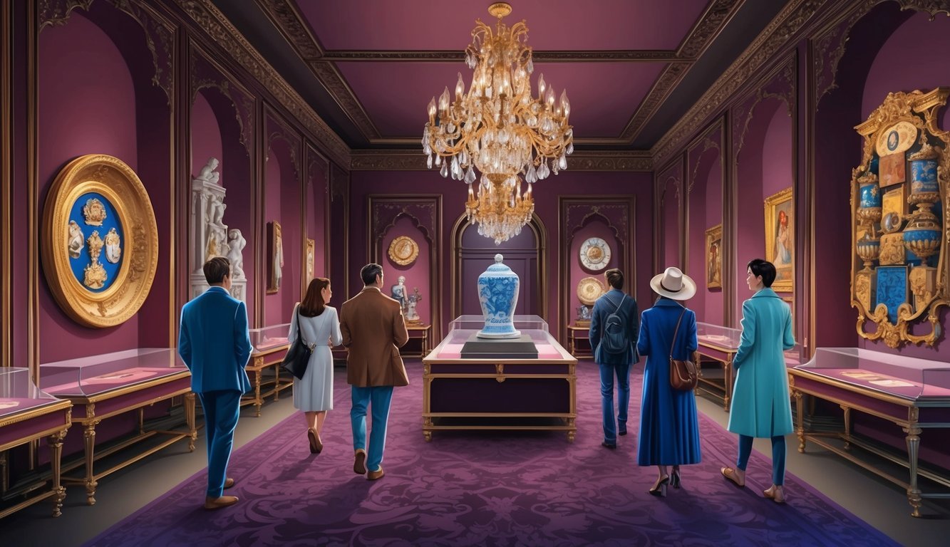 Visitors exploring Parisian hidden gem museums, admiring unique artifacts and art pieces in ornate, dimly lit rooms