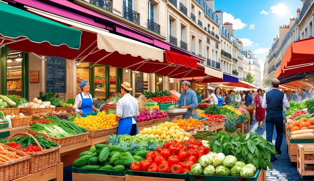 Bustling Paris markets with colorful stalls, fresh produce, and vibrant atmosphere