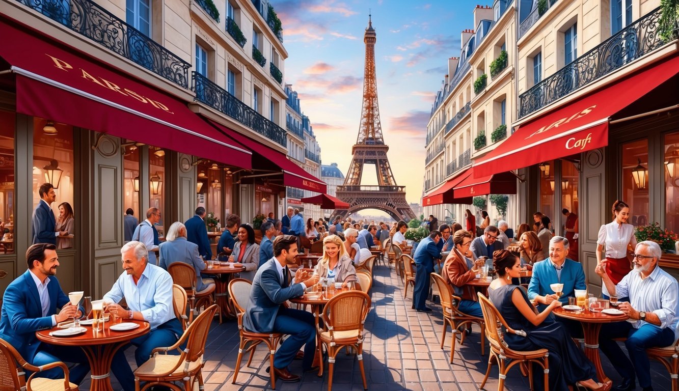 A bustling Parisian cafe terrace with diverse patrons and iconic architecture