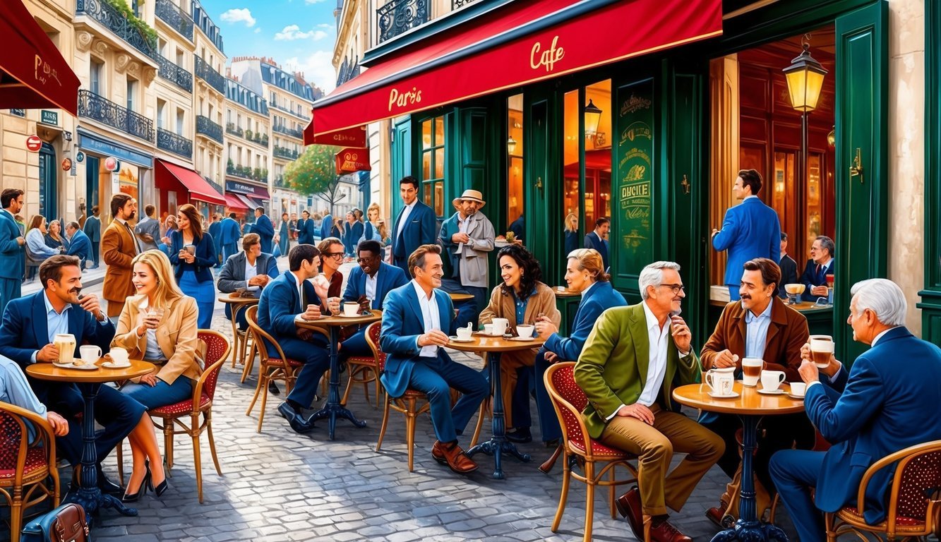 A bustling Parisian sidewalk cafe with diverse patrons sipping coffee, chatting, and people-watching