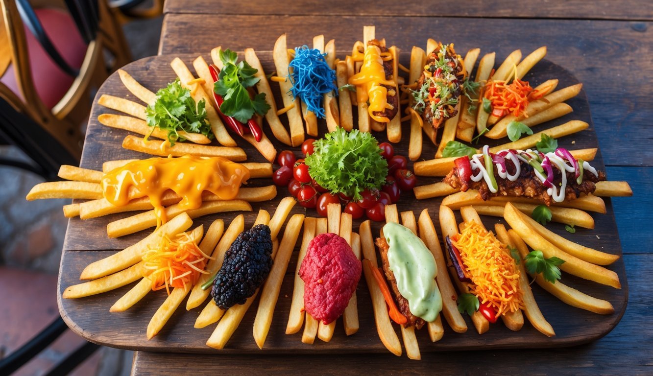 A colorful array of French fries with unique toppings and flavors displayed on a rustic wooden board in a quaint Parisian cafe