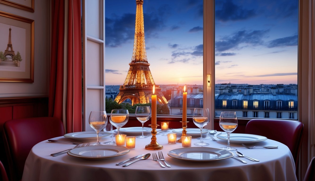 A candlelit table set with fine china and a view of the Eiffel Tower from a cozy corner of a Parisian restaurant