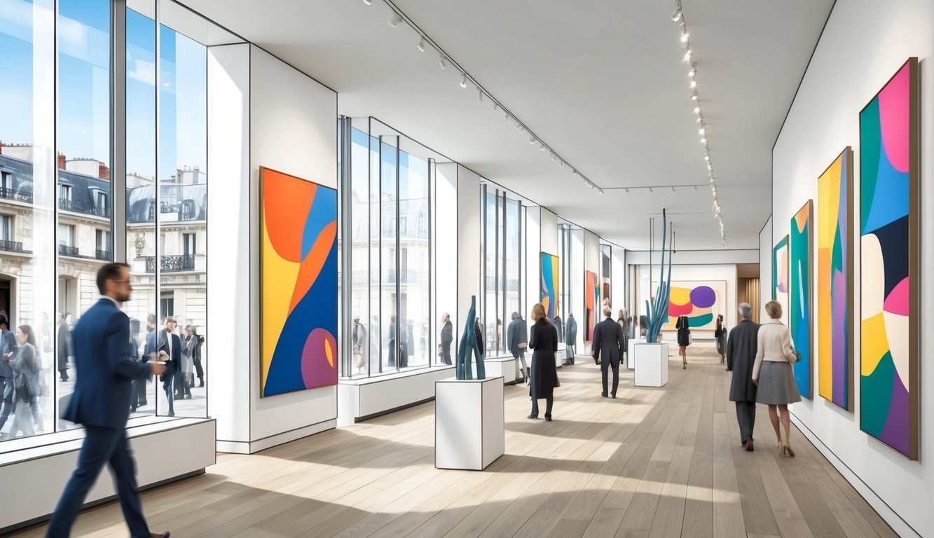 A bustling Parisian gallery with sleek, minimalist architecture, featuring bold, abstract paintings and sculptures.</p><p>Light streams in through floor-to-ceiling windows, illuminating the vibrant, contemporary artwork