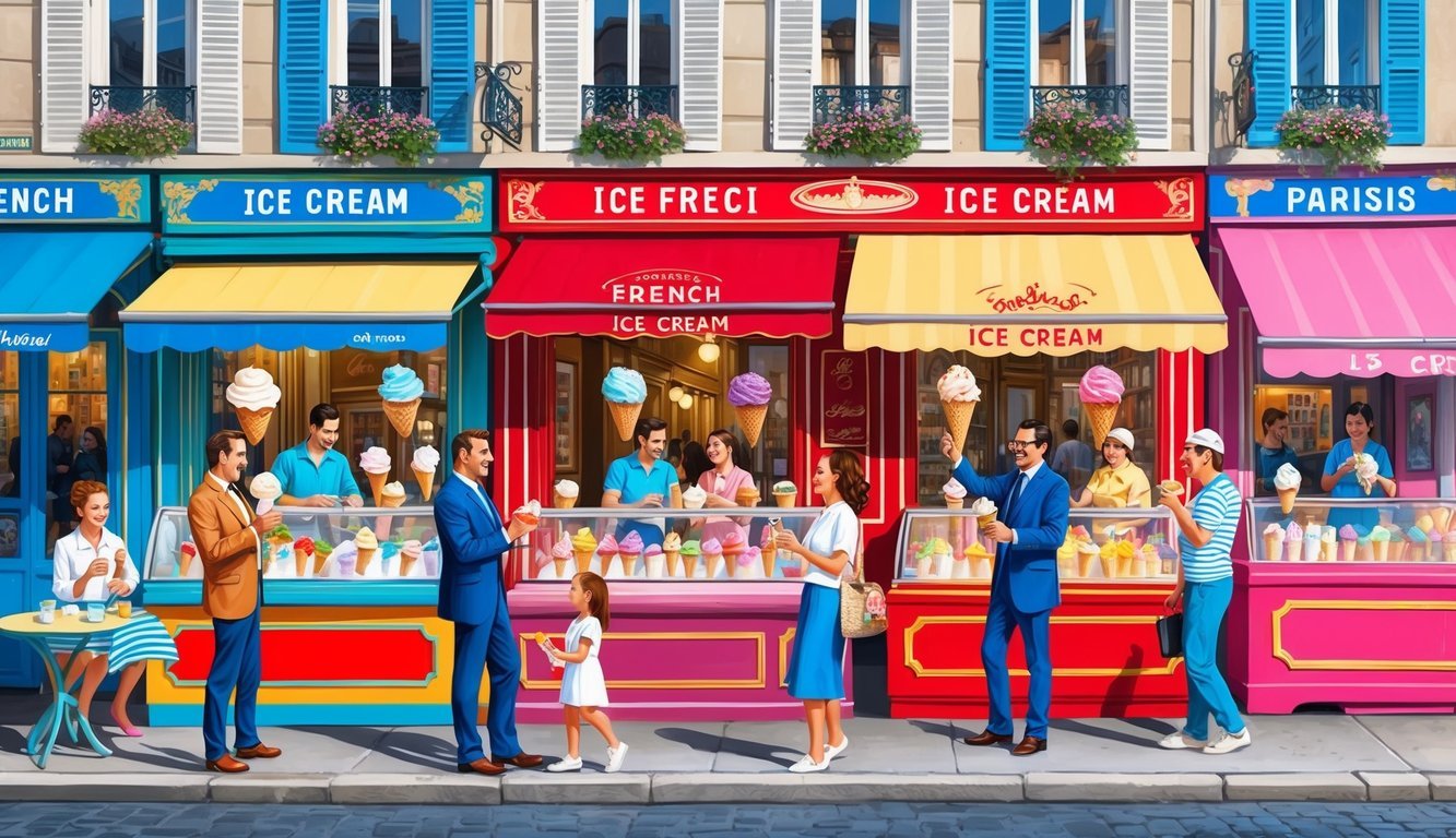 A bustling Parisian street with colorful storefronts featuring traditional French ice cream shops, with people enjoying cones and cups of delicious frozen treats
