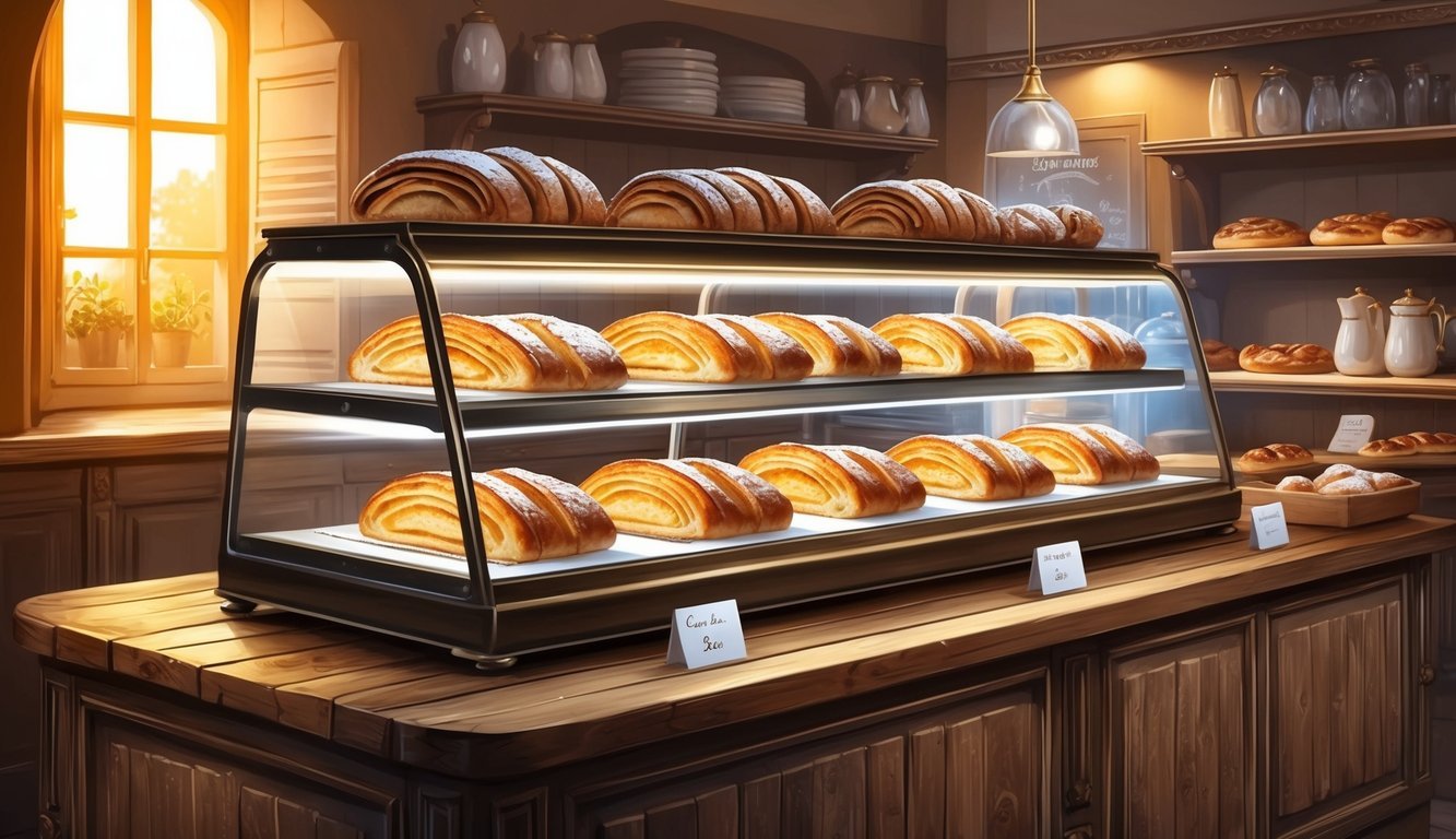A cozy Parisian bakery with a display of freshly baked pain au chocolat on a rustic wooden counter, surrounded by the warm glow of golden morning light