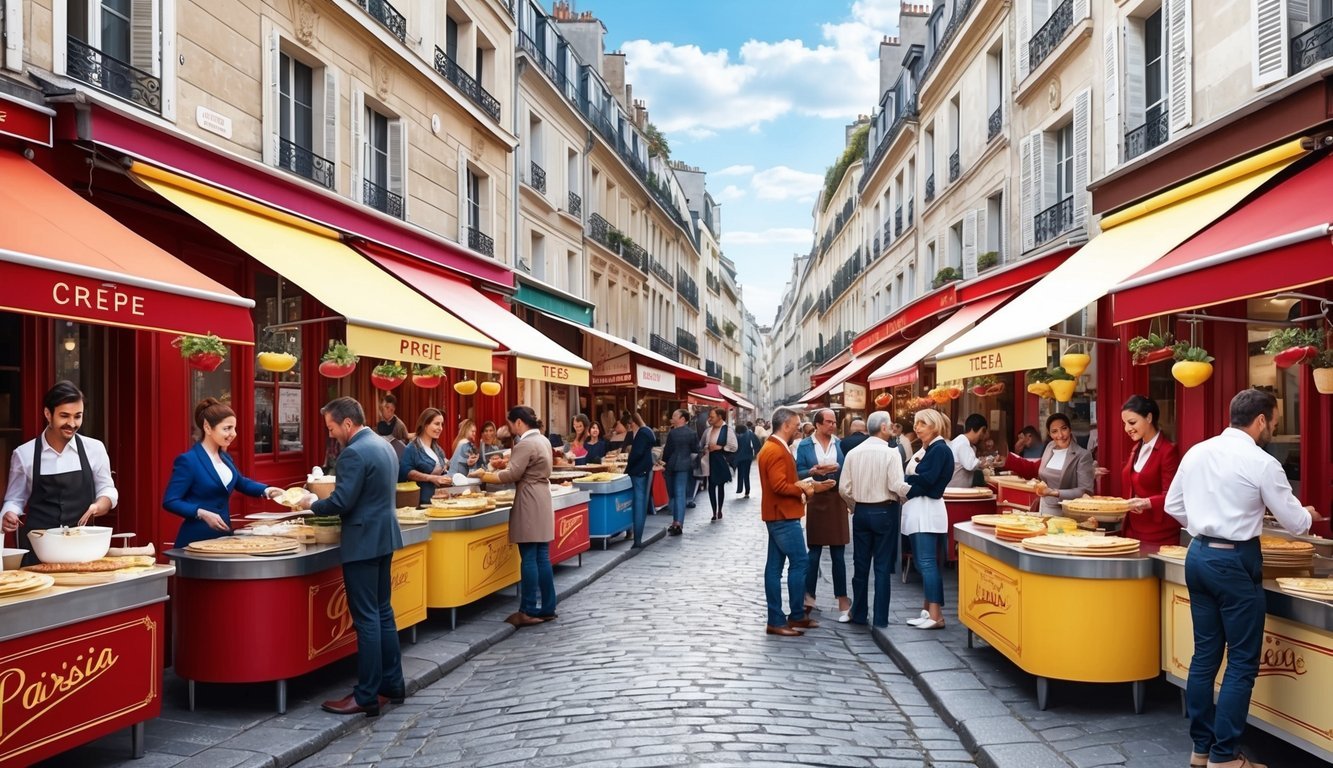 A bustling Parisian street with colorful crepe stands, each adorned with enticing toppings and surrounded by eager customers