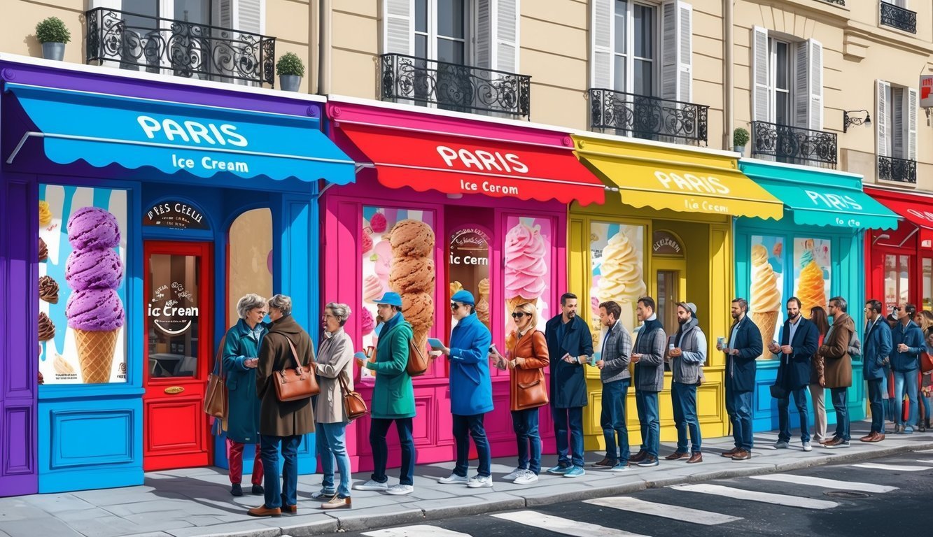 People line up outside colorful Paris ice cream shops