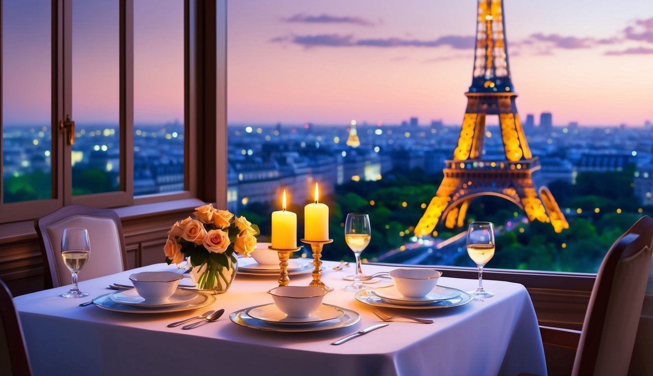 Romantic dinner table with Eiffel Tower view, candles, and wine