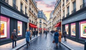 People walking on a cobblestone street lined with shops in Paris