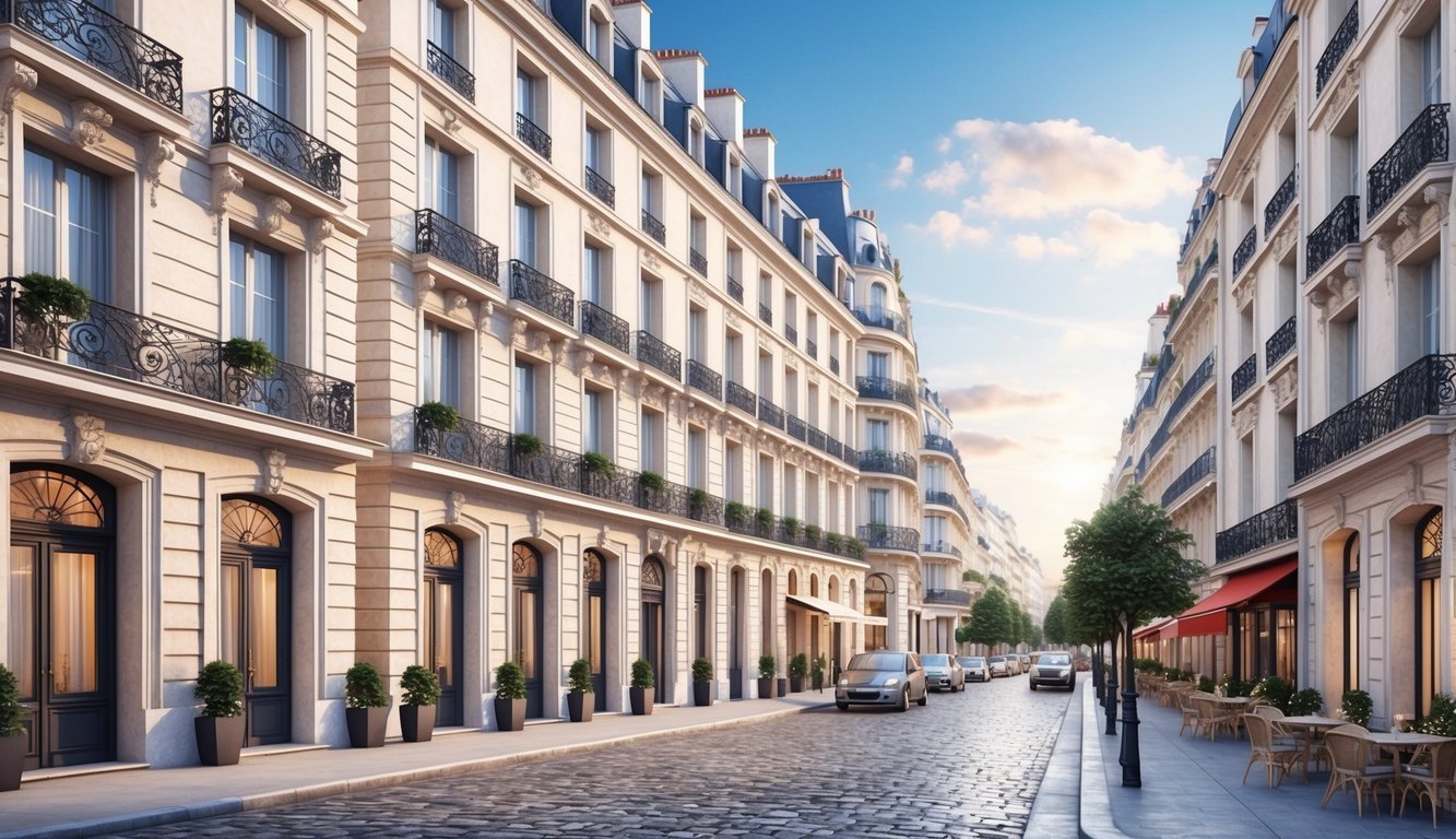 Cobblestone street lined with elegant buildings and parked cars in Paris