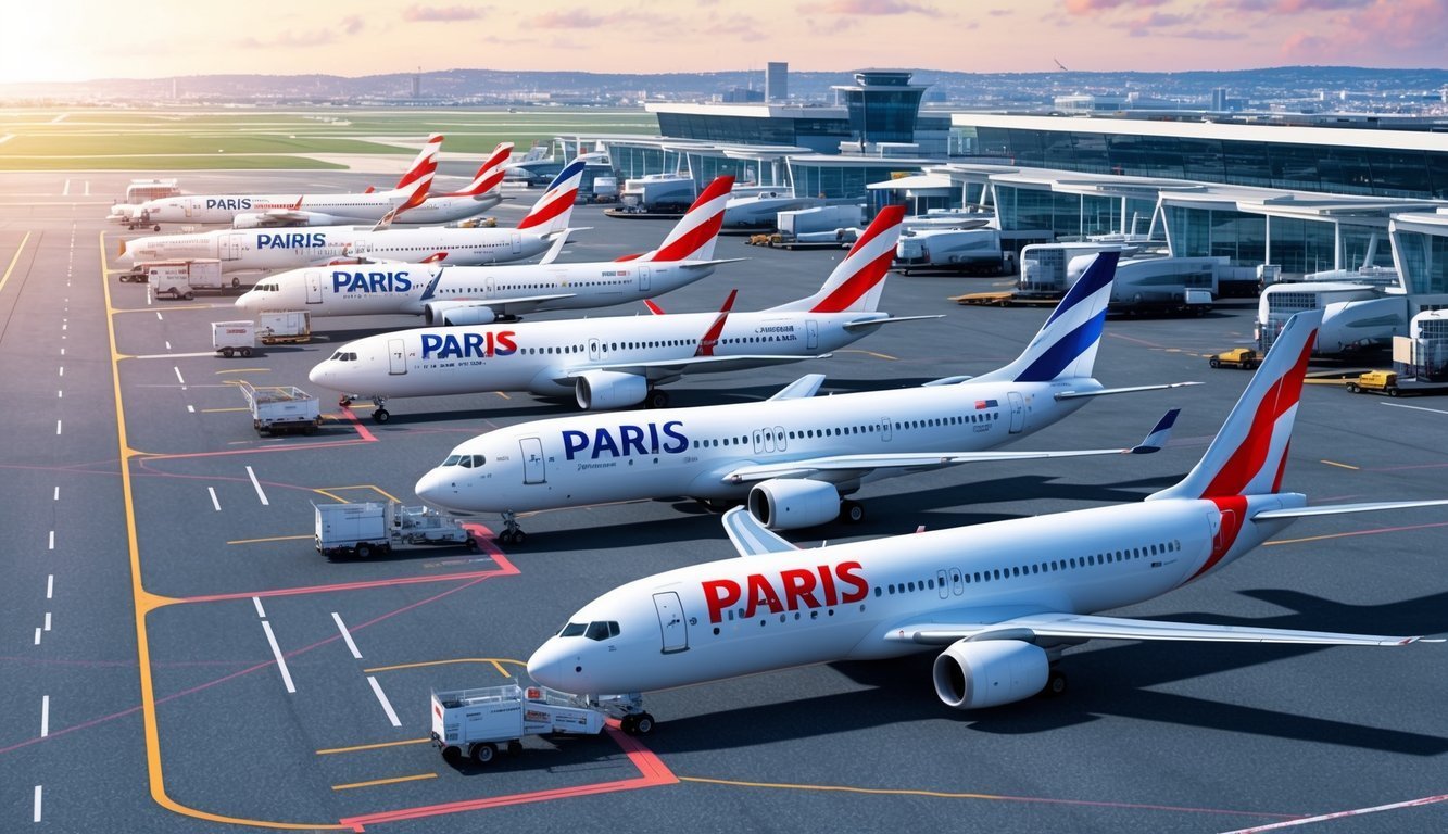 Several airplanes with "PARIS" on them parked at an airport terminal
