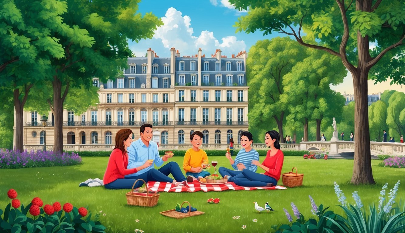 Family picnicking on a checkered blanket in a park with a building backdrop