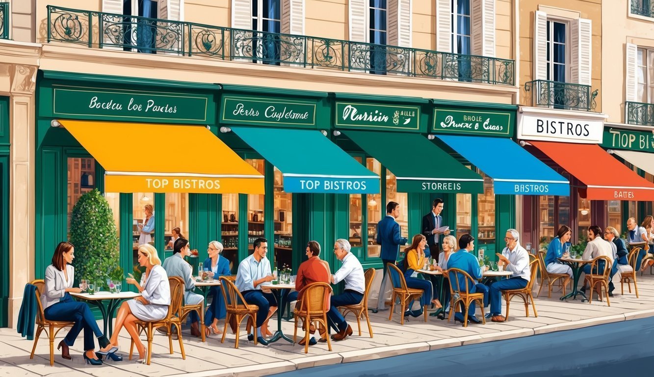 People dining at outdoor bistros with colorful awnings in a European city