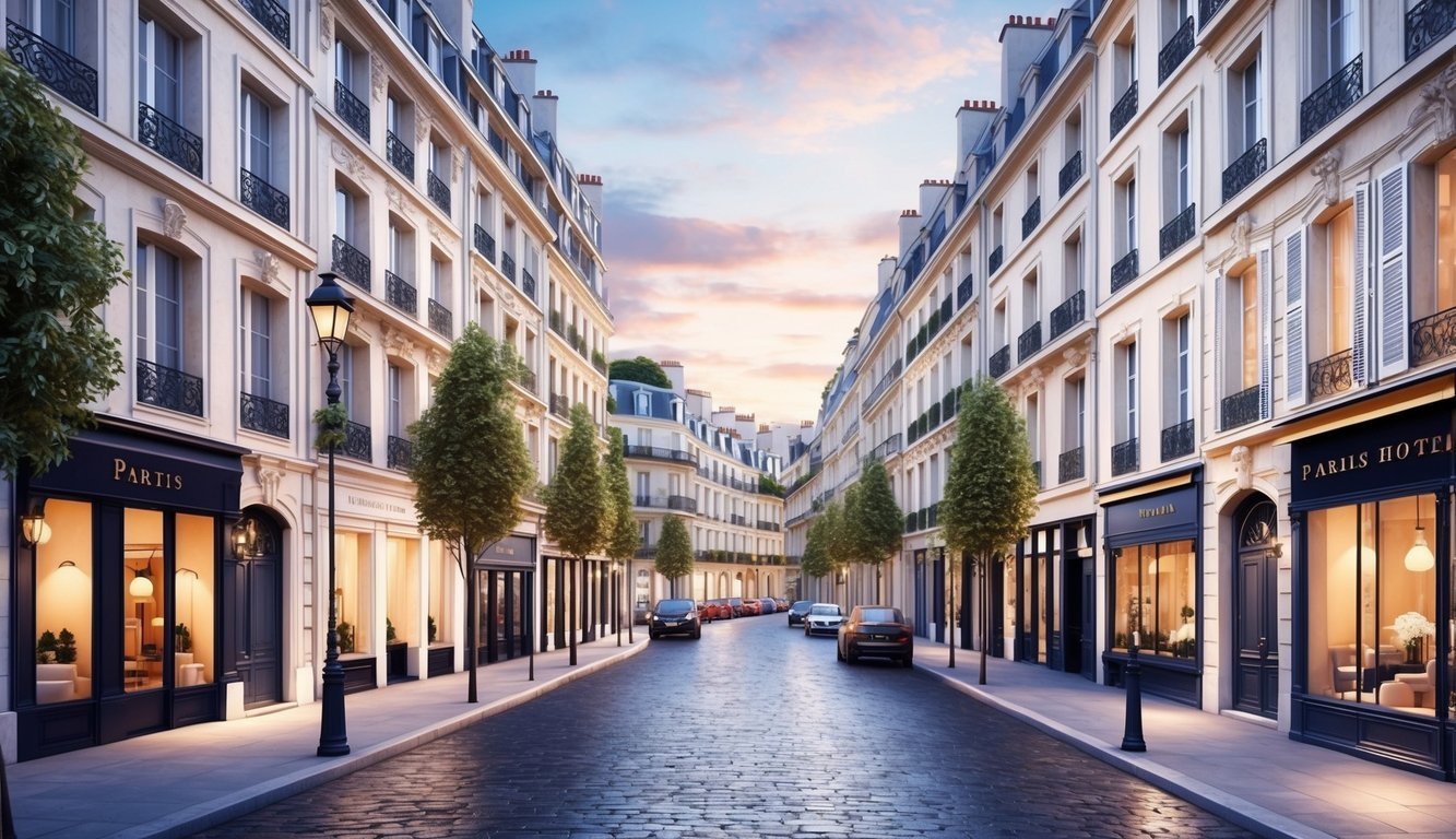 Cobblestone street lined with buildings, shops, trees, and cars in Paris