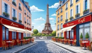 Parisian street scene with cafes and the Eiffel Tower in the background