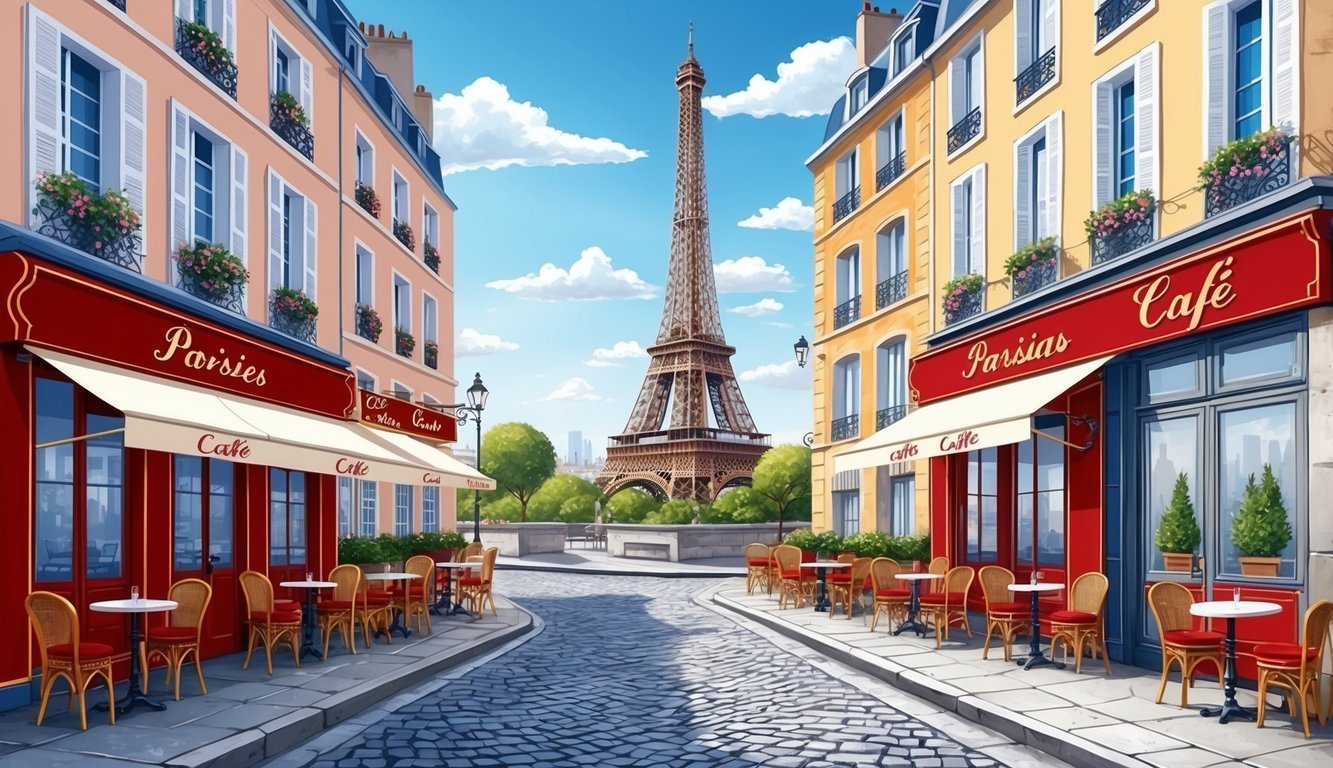 Parisian street scene with cafes and the Eiffel Tower in the background
