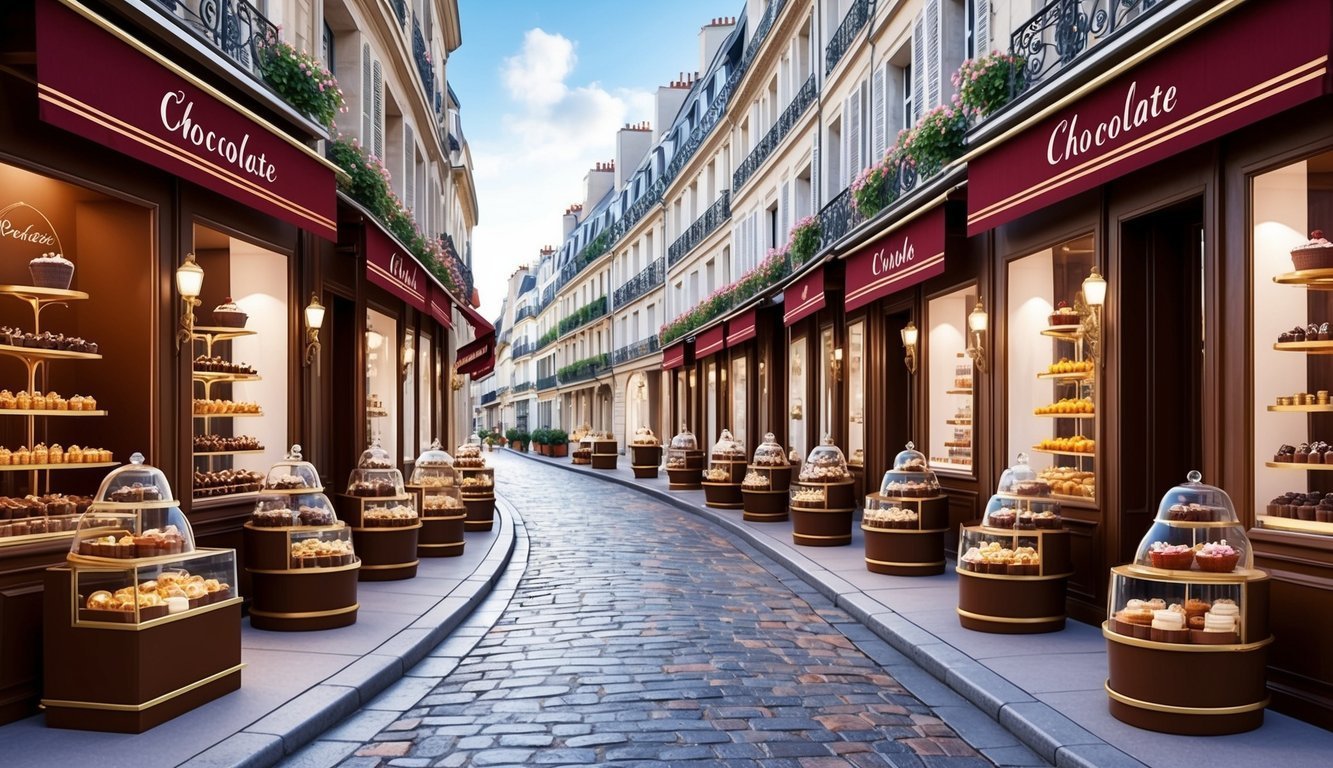 Cobblestone street lined with chocolate shops, pastries on display